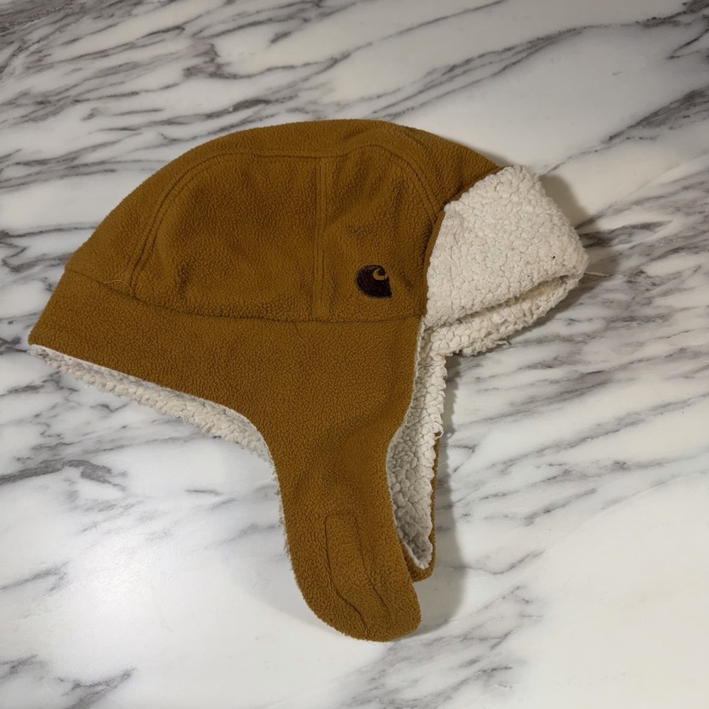 Carhartt Baby Toddler Knit Sherpa Lined Logo Trapper Hat Brown Winter Fleece